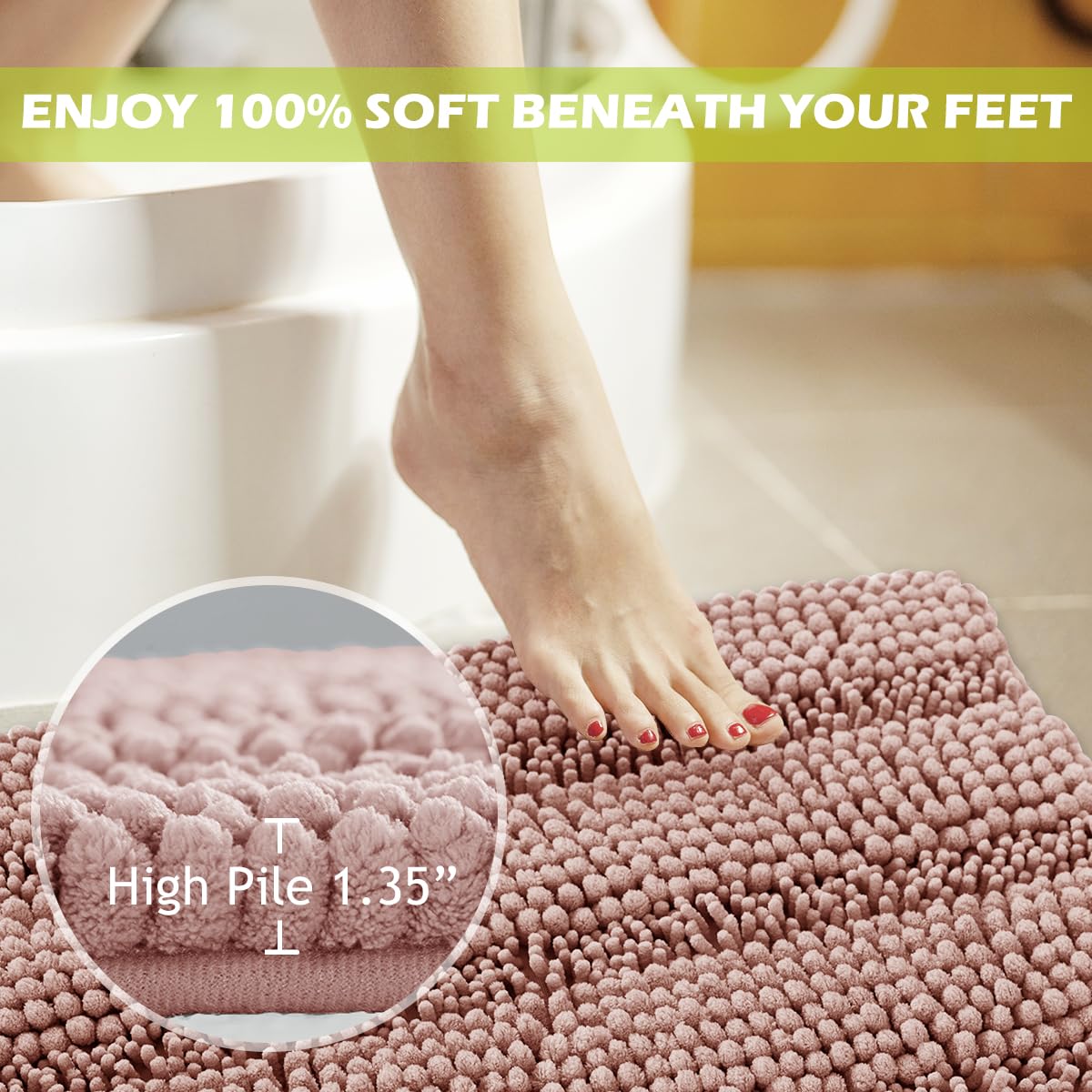 Bath Mat For Bathroom - Soft Shower Rug Farmhouse Quick Drying Washable Absorbent Non-Slip Super Soft Chenile Bathtub Carpet Dec